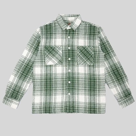 Common People Mens L Green White Plaid Flannel Shirt Jacket Long Sleeve - Picture 1 of 6